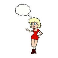 cartoon worried woman in dress pointing with thought bubble N9