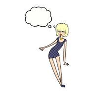 cartoon woman in dress leaning with thought bubble N9