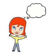 cartoon happy woman waving arms with thought bubble N10