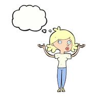 cartoon woman throwing arms in air with thought bubble N10