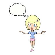 cartoon woman making balancing gesture with thought bubble N10