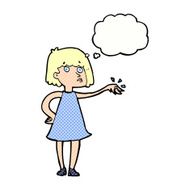 cartoon woman showing off engagement ring with thought bubble N9