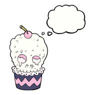 spooky skull cupcake cartoon with thought bubble N9