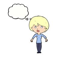 cartoon woman shrugging shoulders with thought bubble N445
