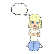 cartoon woman kneeling with thought bubble N6