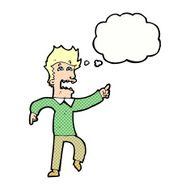cartoon frightened man pointing with thought bubble N9