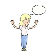 cartoon woman throwing hands in air with thought bubble N10