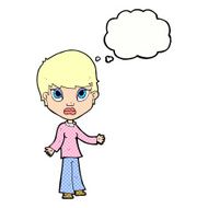 cartoon woman shrugging shoulders with thought bubble N450
