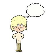 cartoon happy scruffy boy with thought bubble N9
