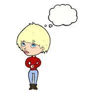 cartoon woman considering with thought bubble N6