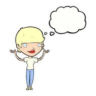 cartoon woman holding arms in air with thought bubble N10