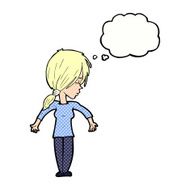cartoon woman shrugging shoulders with thought bubble N451