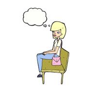 cartoon woman sitting on bench with thought bubble N10