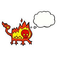 cartoon little fire demon with thought bubble N22