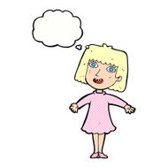 cartoon happy woman in dress with thought bubble N24