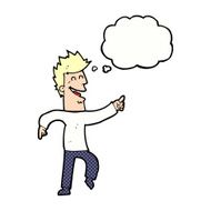 cartoon man pointing and laughing with thought bubble N28