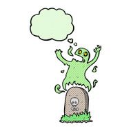 cartoon ghost rising from grave with thought bubble N22