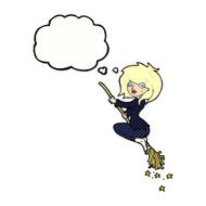 cartoon witch riding broomstick with thought bubble N18
