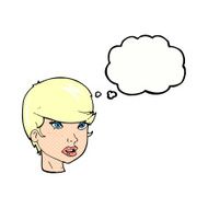 cartoon pretty female face with thought bubble N90