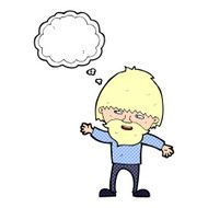 cartoon happy bearded man waving with thought bubble N9
