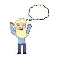 cartoon happy bearded man waving arms with thought bubble N9