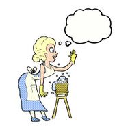 cartoon housewife washing up with thought bubble N10