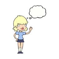 cartoon waving woman with thought bubble N131