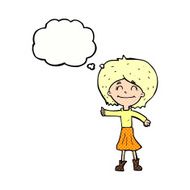 cartoon happy girl giving thumbs up symbol with thought bubble N10