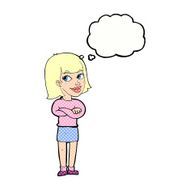 cartoon happy woman looking over with thought bubble N9