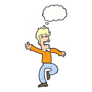 cartoon man panicking with thought bubble N49