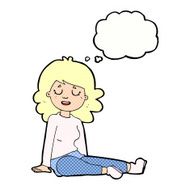 cartoon happy woman sitting on floor with thought bubble N19
