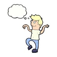 cartoon happy man doing funny dance with thought bubble N16