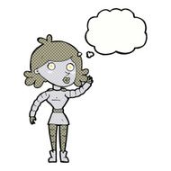 cartoon robot woman waving with thought bubble N17