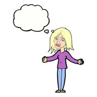 cartoon woman shrugging shoulders with thought bubble N455