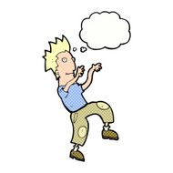 cartoon happy man doing funny dance with thought bubble N17