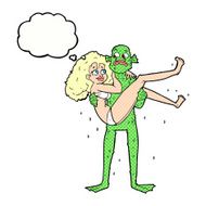cartoon woman with thought bubble and swamp monster