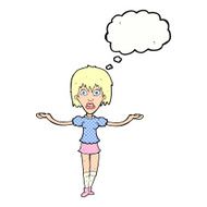 cartoon woman shrugging shoulders with thought bubble N456