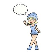 cartoon pretty girl in hat waving with thought bubble N10