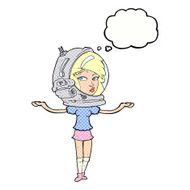 cartoon woman wearing space helmet with thought bubble N18