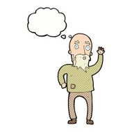 cartoon old man waving with thought bubble N2