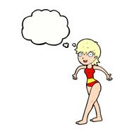 cartoon happy woman in swimming costume with thought bubble N10