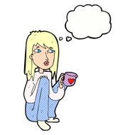 cartoon woman sitting with cup of coffee thought bubble N10
