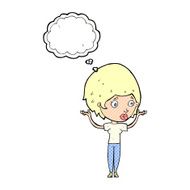 cartoon woman raising hands in air with thought bubble N18