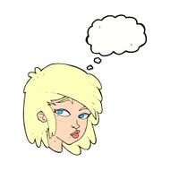 cartoon curious woman with thought bubble N50