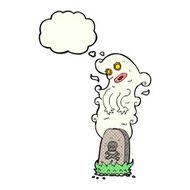cartoon ghost rising from grave with thought bubble N23