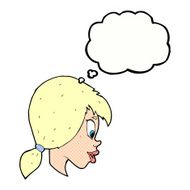 cartoon pretty female face with thought bubble N91