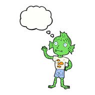 cartoon waving fish boy with thought bubble N9
