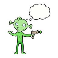 cartoon alien with ray gun thought bubble N9