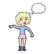 cartoon friendly woman waving with thought bubble N46