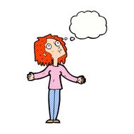 cartoon curious woman looking upwards with thought bubble N10